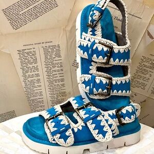 Free People Mou Bio Buckle Slingback Sandal Blue Suede Ivory Crochet